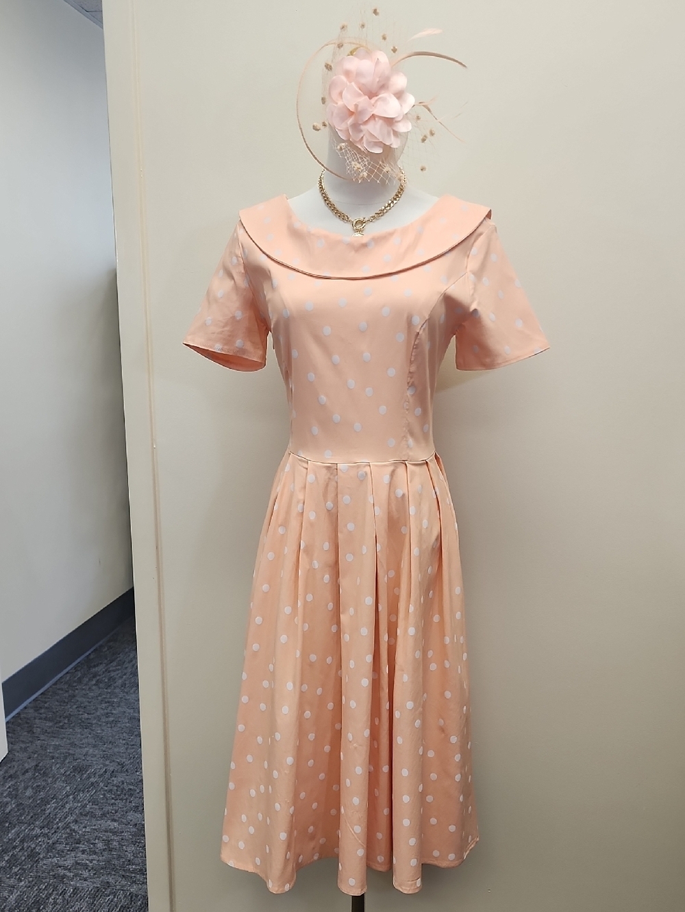 Blush Pink Polka Dot Midi Dress Fit Flare Vintage Style Size Small